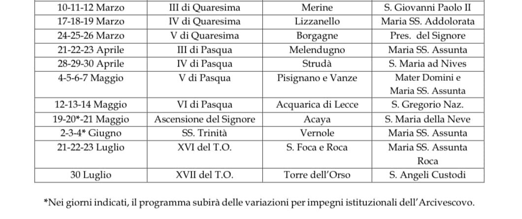 Calendario Vicaria di Vernole